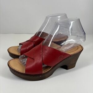 Born Coney Women's US 6M Red Leather Crisscross Casual Wedge Slide Sandal F23705